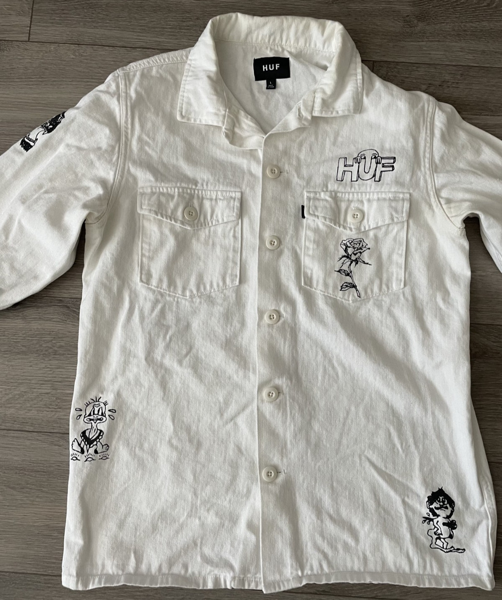 HUF Character Tattoo Shacket Button Up Shirt Jacket White RARE